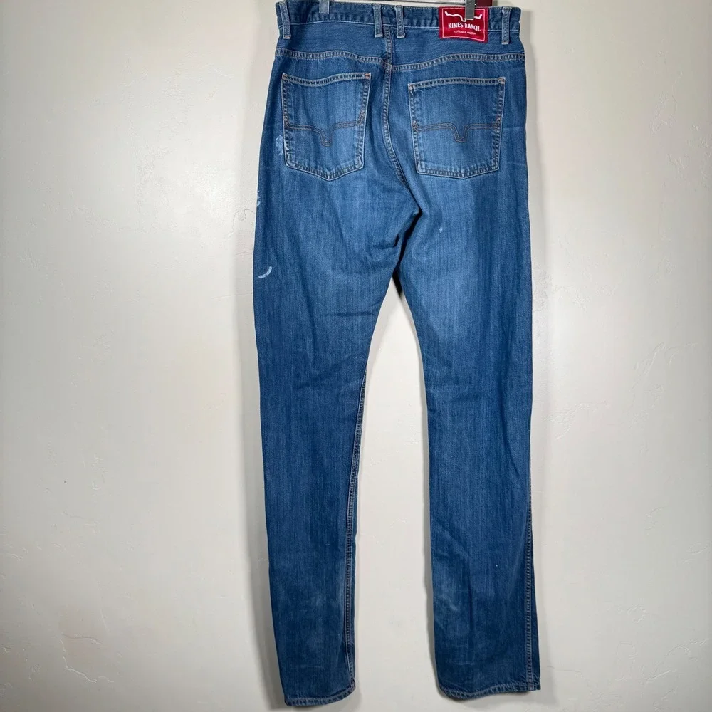 Kimes Ranch Jeans Mens 36x38 Blue Cal Straight Leg Made in USA Distressed Denim